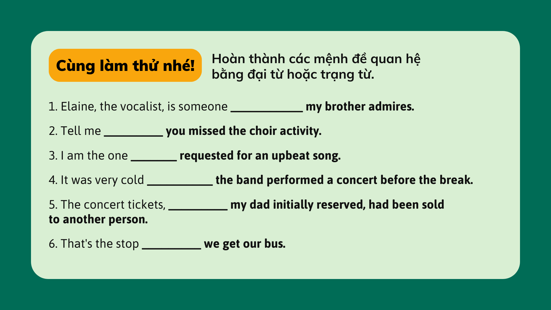 Bài thuyết trình Giáo dục Đại từ quan hệ và Trạng từ quan hệ Xanh lá Vàng Phong cách Đồ họa phẳng Bán hiện thực
